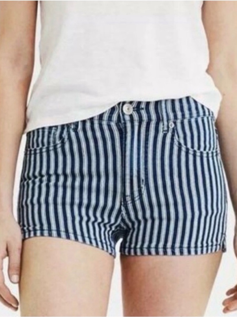 AMERICAN EAGLE Hi Rise Shortie Blue White Striped Shorts 18
